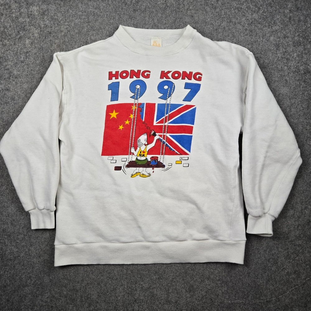 Vintage Hong Kong 1997 Sweatshirt Mens XL White Handover Flag Graphic 90s Wall
